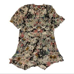 Twelfth Street Cynthia Vincent Sheer Floral 100% Silk Dress Flutter Sleeve Boho